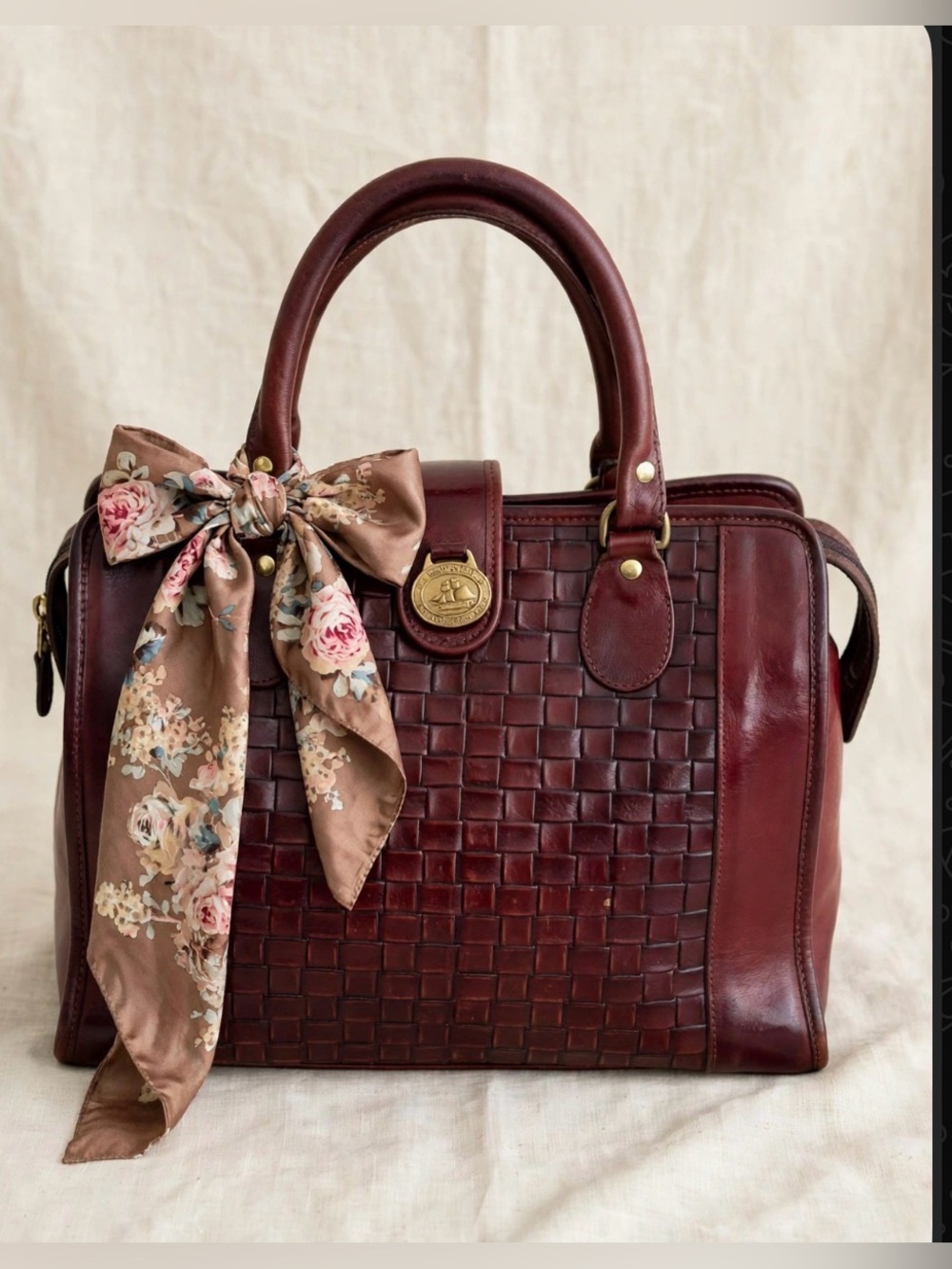 RARE Vintage Brahmin Woven Leather Satchel Handbag - Oxblood Burgundy